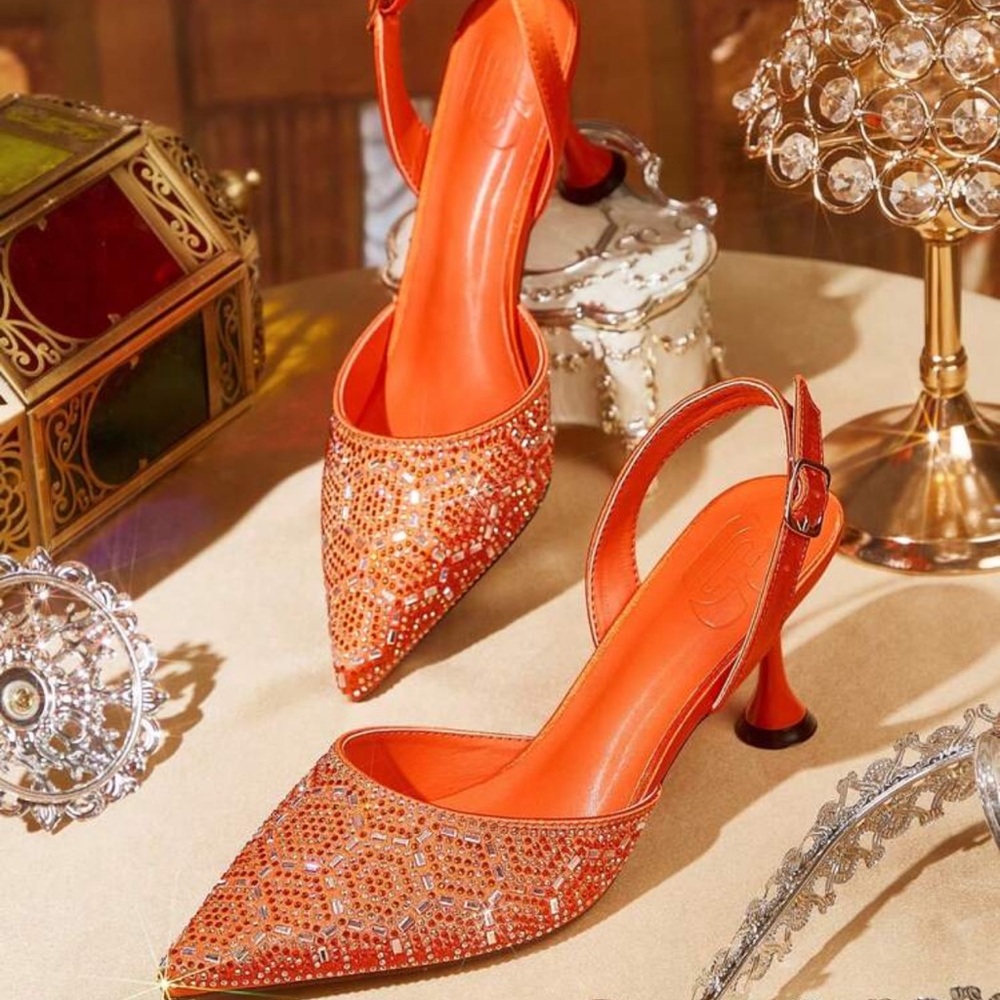 Elegant Orange Embellished Women's Heels